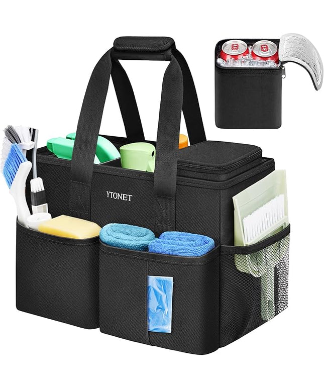 Ytonet Cleaning Caddy, Water Resistant Cleaning Supplies Organizer with Handle & Foldable Divider for Cleaners, Housekeeping Tote for Kitchen & Bathroom, Car Tool Caddy Organizer Bag, Black