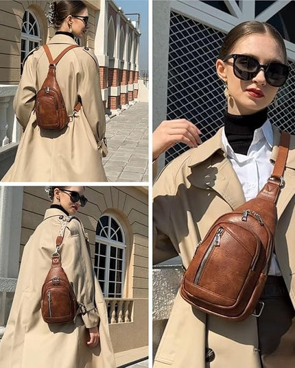 Sling Bag Crossbody Backpack - 2 in 1 Leather Cross Body Bag Fanny Pack with 2 Removable Straps