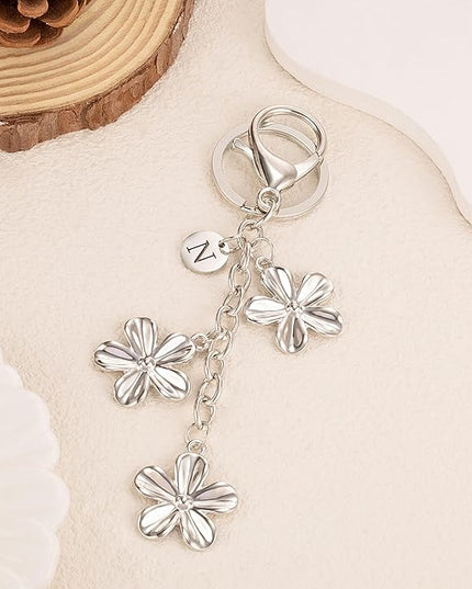 XGALBLA Gold/Silver Initial Keychain Flower Charms for Key Cute Letter Keyring for Purse Handbag Backpack