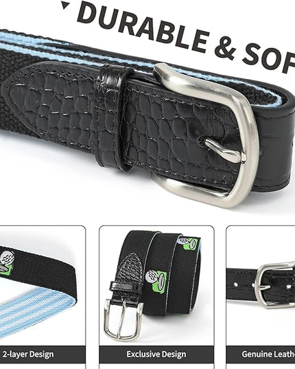 Mile High Life Golf Belts for Men, Canvas Belt with Genuine Leather Tips, Embroidered 2 Layer Web Belt with Pin Buckle