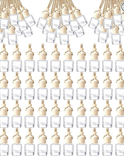 BBTO 200 Pcs Hanging Car Diffuser Bottles Bulk, Empty Clear Glass Air Freshener Bottles with Wooden Cap for Perfume Essential Oils Fragrance Aromatherapy Ornament(Cylinder)
