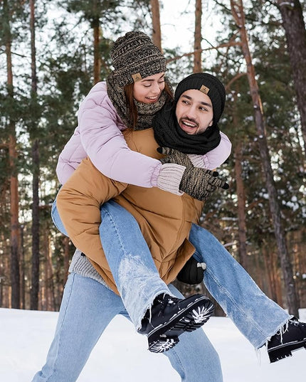 Winter Beanie Hat Scarf Gloves, Warm Fleece Knit Hats Touch Screen Gloves Neck Scarf Set Winter Gifts for Unisex Adult