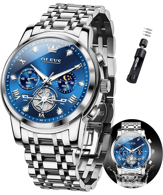 OLEVS Mens Watches Chronograph Watch Luxury Dress Stainless Steel Waterproof Watches for Men Moon Phase Luminous Business Calendar Wrist Watch Blue/Black/Green/Gold/Face