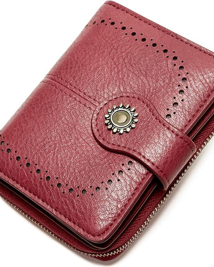 TFKGS Small Womens Wallet Leather RFID Blocking Bifold Compact Card Holder Ladies Zipper Accordion Pocket with ID Window Red