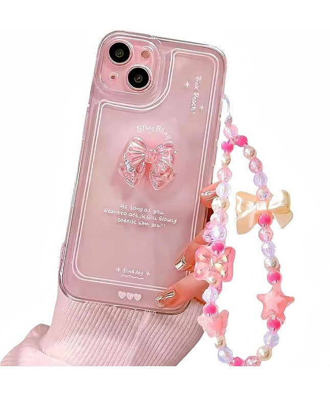 for iPhone 12 Pro Case, [2 in 1 with Pearl Beaded Wrist Strap Bracelet Chain] 3D Cute Pink Bow Decor for Women Girl