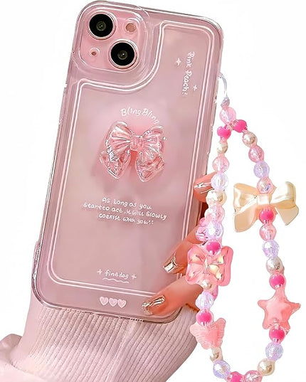 for iPhone 14 Case, [2 in 1 with Pearl Beaded Wrist Strap Bracelet Chain] 3D Cute Pink Bow Decor for Women Girl
