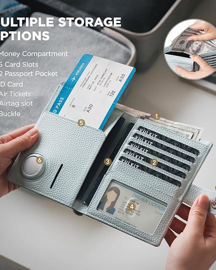 VULKIT Dual Leather Passport Wallet with Airtag Holder Slim Double Passport Holder RFID Blocking Passport Travel Wallet for Women or Men