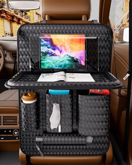 Car Back Seat Organizer, Black Woven Leather Storage Bag, Multifunctional Rear Seat Protector with Tablet Holder, 25.2x17.7 Inches, Abrasion Resistant (black)
