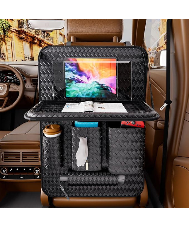 Car Back Seat Organizer, Black Woven Leather Storage Bag, Multifunctional Rear Seat Protector with Tablet Holder, 25.2x17.7 Inches, Abrasion Resistant (black)