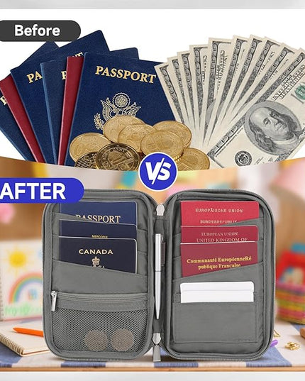 WALNEW Family Passport Holder for 5 - Large Travel Organizer Holds up to 6 Passports, RFID Blocking Water Resistant Document Wallet for Cards, Tickets, Boarding Passes