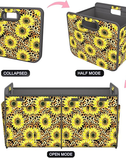 Homeve Trunk Organizer, Car Storage, Reinforced Handles, Collapsible Multi-Compartment, Foldable, Waterproof, Sturdy, 600D Oxford Polyester For Car, SUV, Mini-Van, Sunflower Leopard Print, 2 Compart