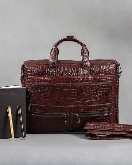Crocodile Embossed leather bag for men, 5 Zipper Pockets with Spacious Compartments.,12 x 16 x 4 inches.