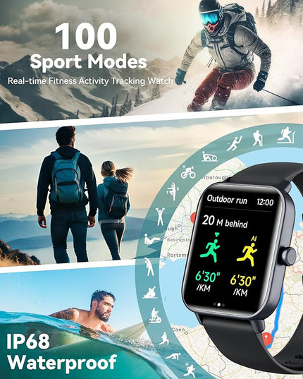 Smart Watches for Women/Men, Smart Watch for Android Phones and iPhone Compatible, Alexa Built-in, 1.8" Fitness Watches for Women, IP68 Waterproof /Bluetooth Call, Heart Rate/Sleep Monitor, Black