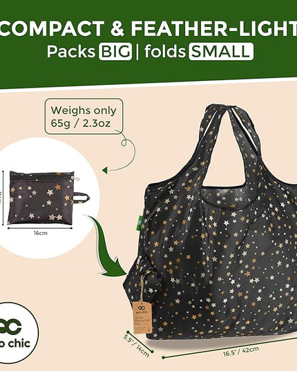 ECO CHIC Foldable Reusable Large Recycled Grocery Bags Lightweight Shopping Tote Bags with Storage Pouch - Collection of 2 bags