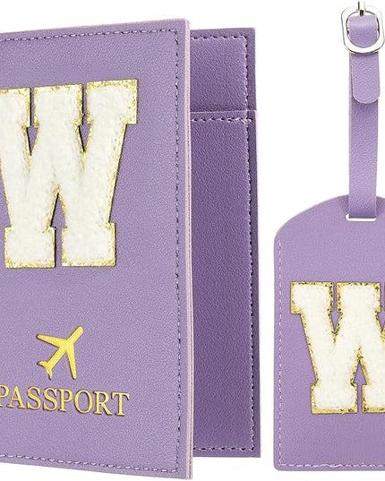 PATIKIL Passport Holder for Travel, Initial Passport Cover and Luggage Tag Set with Alphabet Chenille Letter Patch Travel Wallet Bag Suitcase Identifier for Women Family Travel Purple W