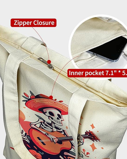 Tote Bag for Women, Reusable Zippered Canvas Bag with Handles Pocket Thick Canvas, for Grocery Shopping Beach Gift
