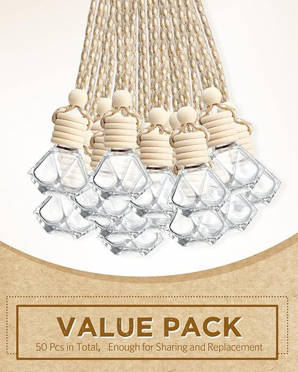BBTO 50 Pcs Hanging Car Air Freshener Car Diffuser Bottles Empty Glass Perfume Bottle Freshener Diffuser Bottle Pendant for Essential Oil Fragrance Aromatherapy Bottle Ornament(Rhombus)