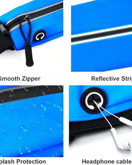 Slim Running Belt For Men and Women Waist Fanny Pack Phone Holder Pouch Bag Reflective Zipper Pocket Workout Cycling Fitness Bright Blue