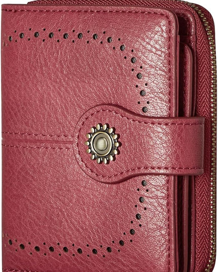 TFKGS Small Womens Wallet Leather RFID Blocking Bifold Compact Card Holder Ladies Zipper Accordion Pocket with ID Window Red