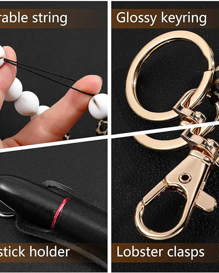 Weewooday Wristlet Bracelet Keychain Wallet Gift for Women Christmas Small Silicone Beaded Keyring Purse Leather Card Holder(Black)