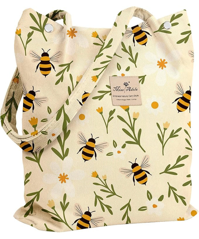 Corduroy Tote Bag for Women - Reusable Totes with Pocket & Buckle Cute Aesthetic Shoulder Bag for Work Travel