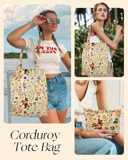 Aesthetic 2 Pack Corduroy Tote Bag - with Makeup Pouch Bag for Women Reusable Grocery Bag for Gym, Travel, Work