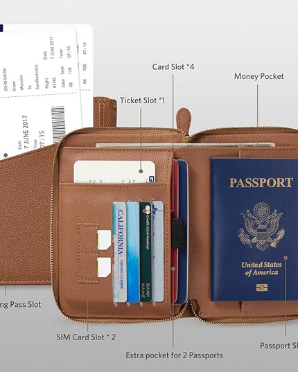 CoBak Passport Holder Cover with Safe Zipper Closure, Premium Passport Wallet for Travel, RFID Blocking Card Case, Waterproof Travel Accessories for Man, Pebbled Brown