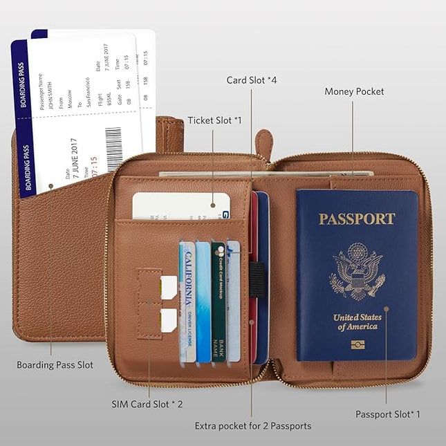 CoBak Passport Holder Cover with Safe Zipper Closure, Premium Passport Wallet for Travel, RFID Blocking Card Case, Waterproof Travel Accessories for Man, Pebbled Brown