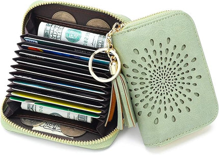 APHISON RFID Credit Card Holder Zipper Card Case Keychain Small Wallet for Women 1927 GREEN
