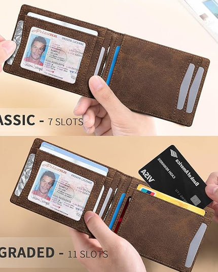 RUNBOX Slim Wallet for Men Genuine Leather RFID Blocking Bifold Minimalist Front Pocket Mens Wallet with Money Clip Thin Gift Box