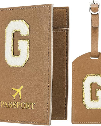 PATIKIL Passport Holder for Travel, Initial Passport Cover and Luggage Tag Set with Alphabet Chenille Letter Patch Travel Wallet Bag Suitcase Identifier for Women Family Travel Brown G