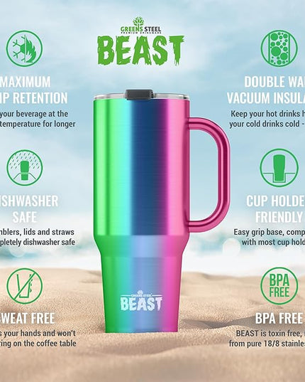 Beast 50 oz Tumbler with Handle Stainless Steel Vacuum Insulated Coffee Ice Cup Double Wall Travel Flask (Rainbow)
