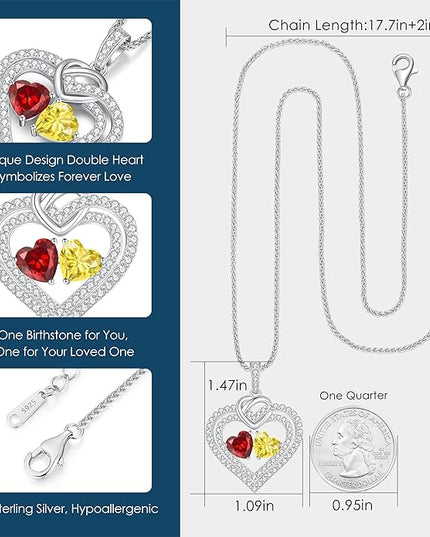 LOUISA SECRET Sparkling Double Heart Birthstone Necklaces for Women, 925 Sterling Silver Fine Jewelry, Pendant Heart Necklaces Birthday Anniversary Christmas Gift for Women Wife Mom Girlfriend Lady