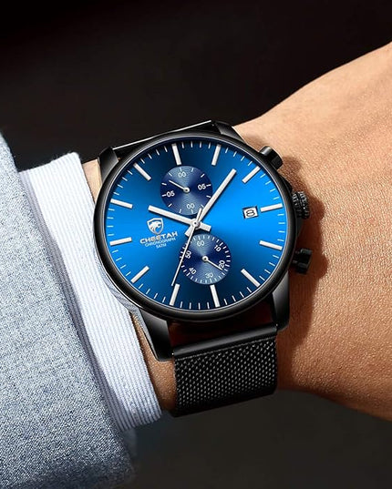 GOLDEN HOUR Mens Watch Fashion Sleek Minimalist Quartz Analog Mesh Stainless Steel Waterproof Chronograph Watches for Men with Auto Date