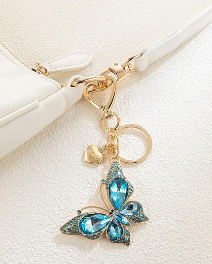 XGALBLA Cute Bling Crystals Rhinestone Butterfly KeyChain with Heart Pendant, Lovely Bag Charms for Handbags Purse Accessory
