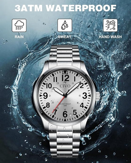 CIVO Analog Wrist Watches for Men: Waterproof Stainless Steel Mens Watches - Silver Watch with Easy Read Dial Men's Watch for Gift