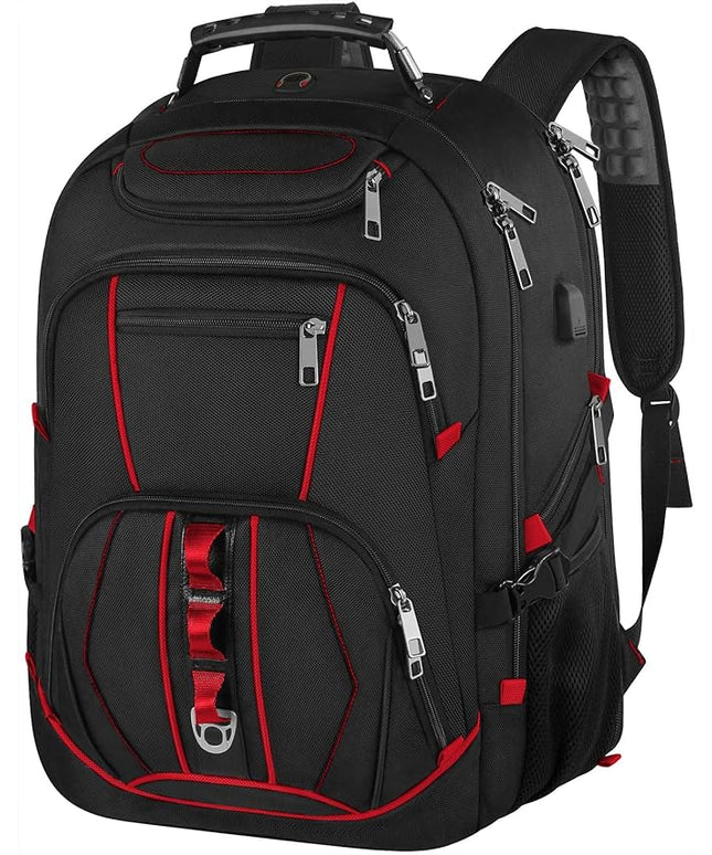Laptop Backpack, Red, 55L Capacity, TSA Approved, RFID Anti-Theft, USB Charging Port, Headphone Hole, Back Luggage Strap, Chest Strap, Laptop Backpack