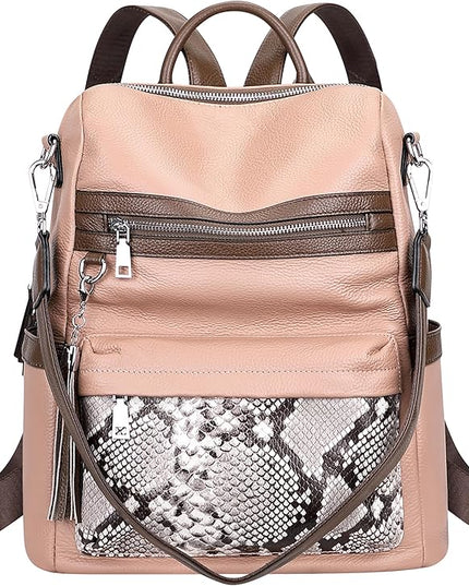 ALTOSY Genuine Leather Backpack Purse for Women Convertible Shoulder bag Soft Crossdody Bag with Laptop Compartment Large (S108 Dark Pink/Coffee/Grey)