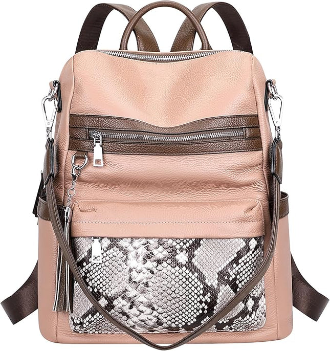 ALTOSY Genuine Leather Backpack Purse for Women Convertible Shoulder bag Soft Crossdody Bag with Laptop Compartment Large (S108 Dark Pink/Coffee/Grey)