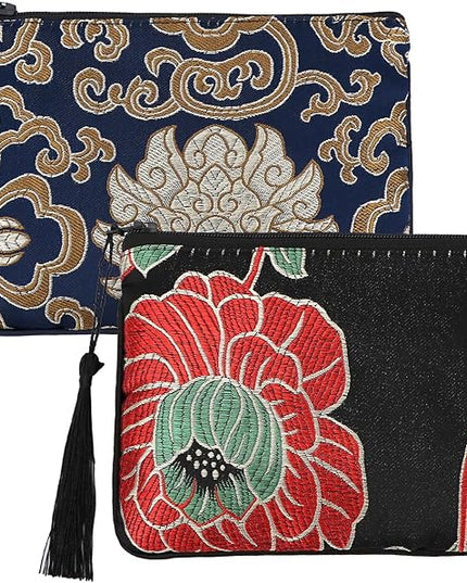 kilofly 2 pc Chinese Silk Brocade Padded Tassel Zipper Jewelry Bag Gift Pouch set2 A