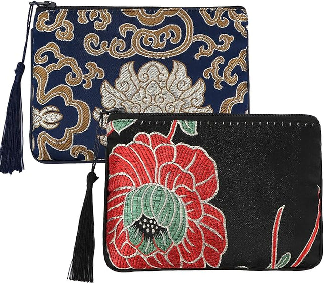 kilofly 2 pc Chinese Silk Brocade Padded Tassel Zipper Jewelry Bag Gift Pouch set2 A