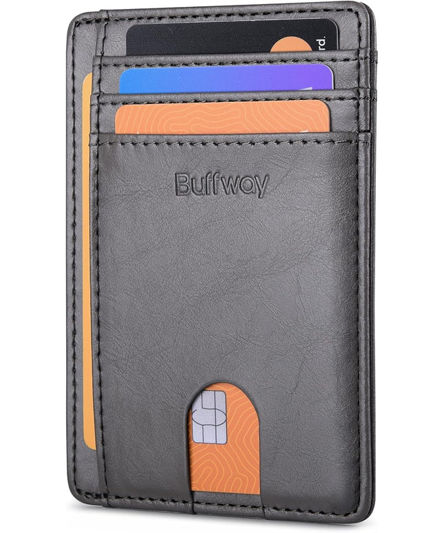 Buffway Slim Minimalist Front Pocket RFID Blocking Leather Wallets for Men and Women - Alaska Grey