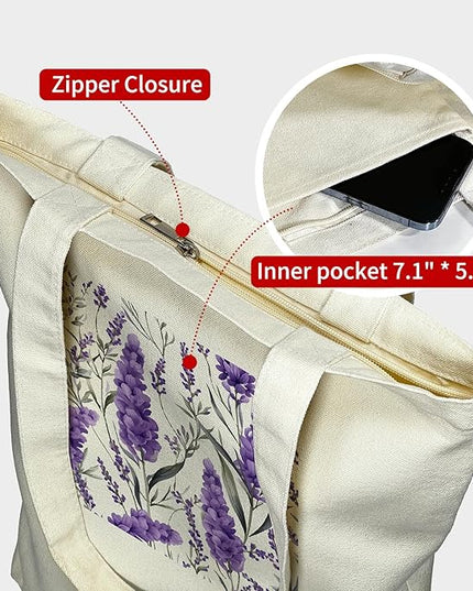 Tote Bag for Women, Reusable Zippered Canvas Bag with Handles Pocket Thick Canvas, for Grocery Shopping Beach Gift