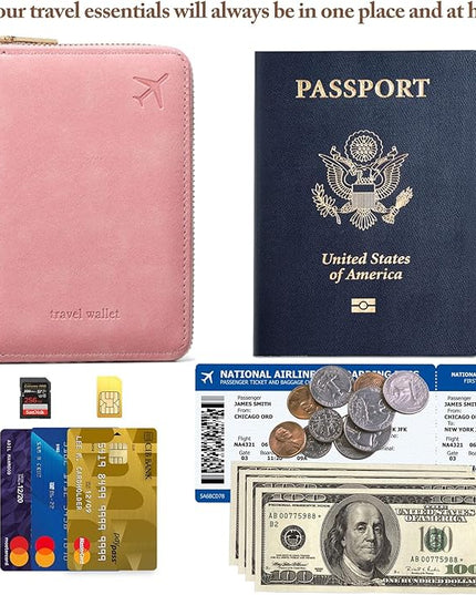 Passport Holder for Travel Women and Men RFID Passport Holder with Card Slots Holder Passport Case Passport cover Passport Wallet Travel Essentials and Accessories (Short Zipper, SZ-Pink)
