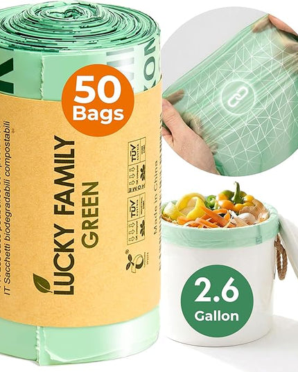 Compostable Trash Bags for Kitchen Compost Bins – 2.6 Gallon Compost Bags for Countertop Bin, Green Compostable Bags, BPI & OK Industrial Certified, Leak-Proof Food Waste Bags (50 Count)