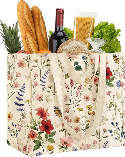 Large Canvas Grocery Tote Bag - Reusable Extra Large Shopping Shoulder Bags with 6 Inner Pockets & 2 Handle Strap