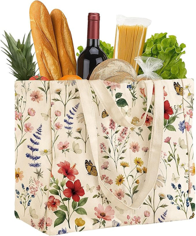 Large Canvas Grocery Tote Bag - Reusable Extra Large Shopping Shoulder Bags with 6 Inner Pockets & 2 Handle Strap