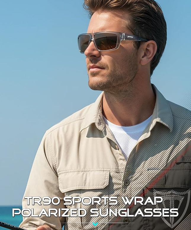ATTCL Polarized Sunglasses Men for Fishing: UV Protection Lightweight TR90 Sports Wrap Sun Glasses Driving Golf Running