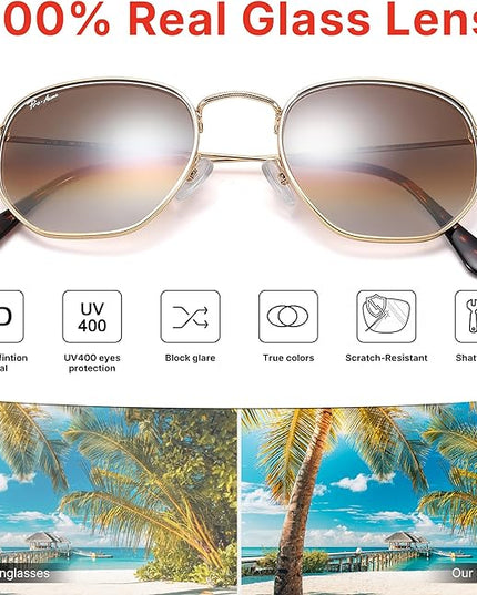 Pro Acme Small Square Sunglasses for Women Men 100% Real Glass Lens Hexagonal Frame