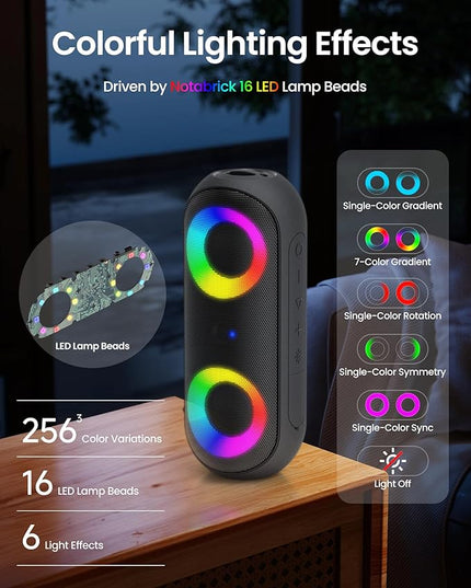 Bluetooth Speaker with RGB Light, 30W Portable Bluetooth Wireless(100FT Range) Loud Stereo Sound, IPX7 Waterproof Shower Speakers, RGB Multi-Colors Rhythm Lights, 1000mins Playtime for Indoor&Outdoor